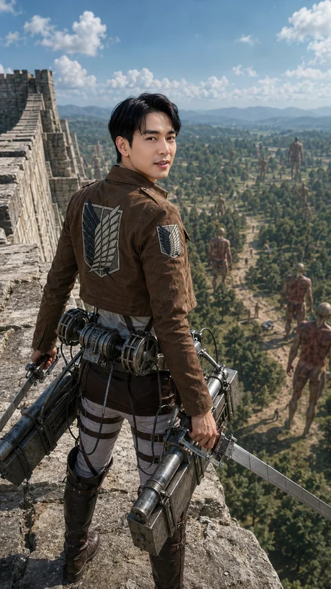 A dark-haired man wearing armor and mechanical equipment stands on a high wall overlooking a vast city.