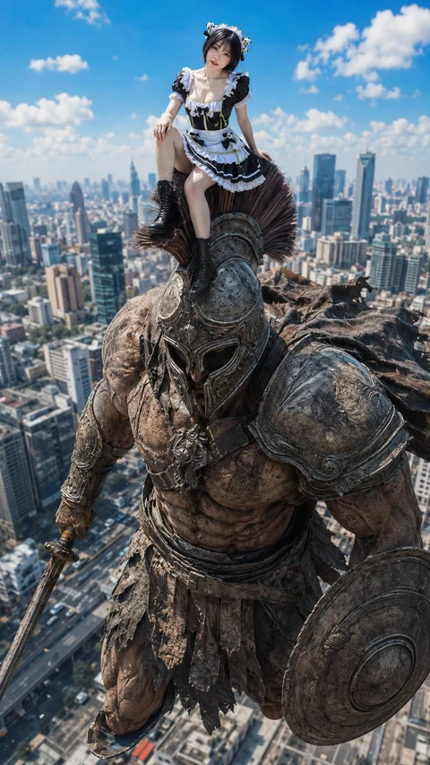 A small figure in a black-and-white outfit sits on the shoulders of an enormous armored figure overlooking a city skyline.