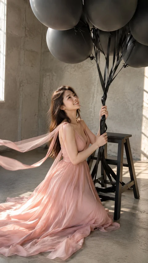 A seated person in a long pink gown holds a cluster of large dark balloons in a softly lit room.