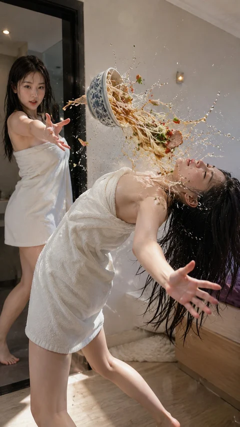 Two figures in white dresses pose indoors as a golden splash arcs over a backward-leaning figure.