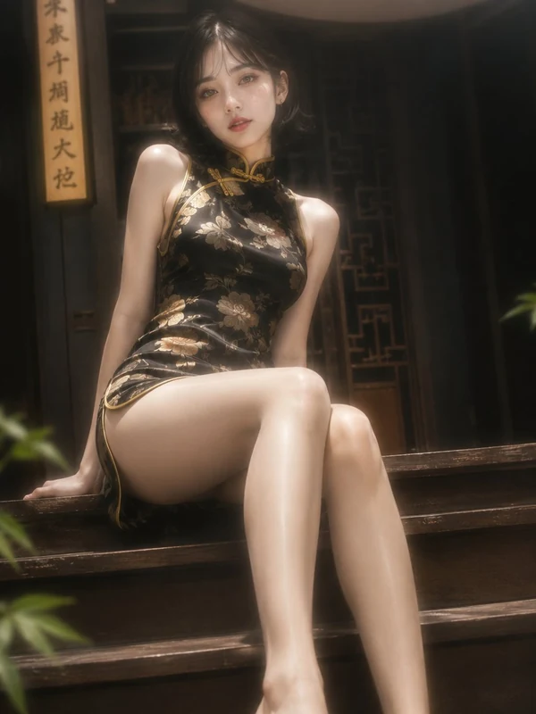 Traditional dress portrait beside wooden steps