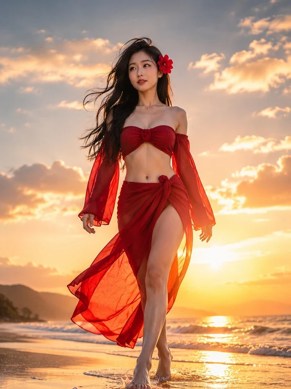 Red dress walking beside the sea