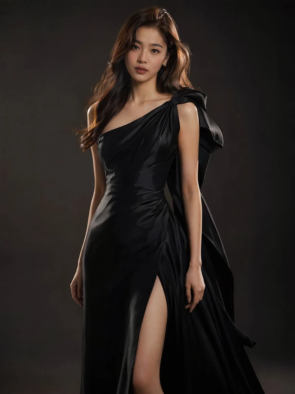 Woman in a black one-shoulder evening gown against a dark studio backdrop
