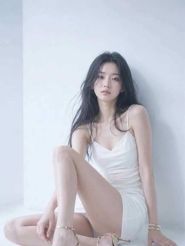 Woman in a white satin dress seated against a pale studio wall